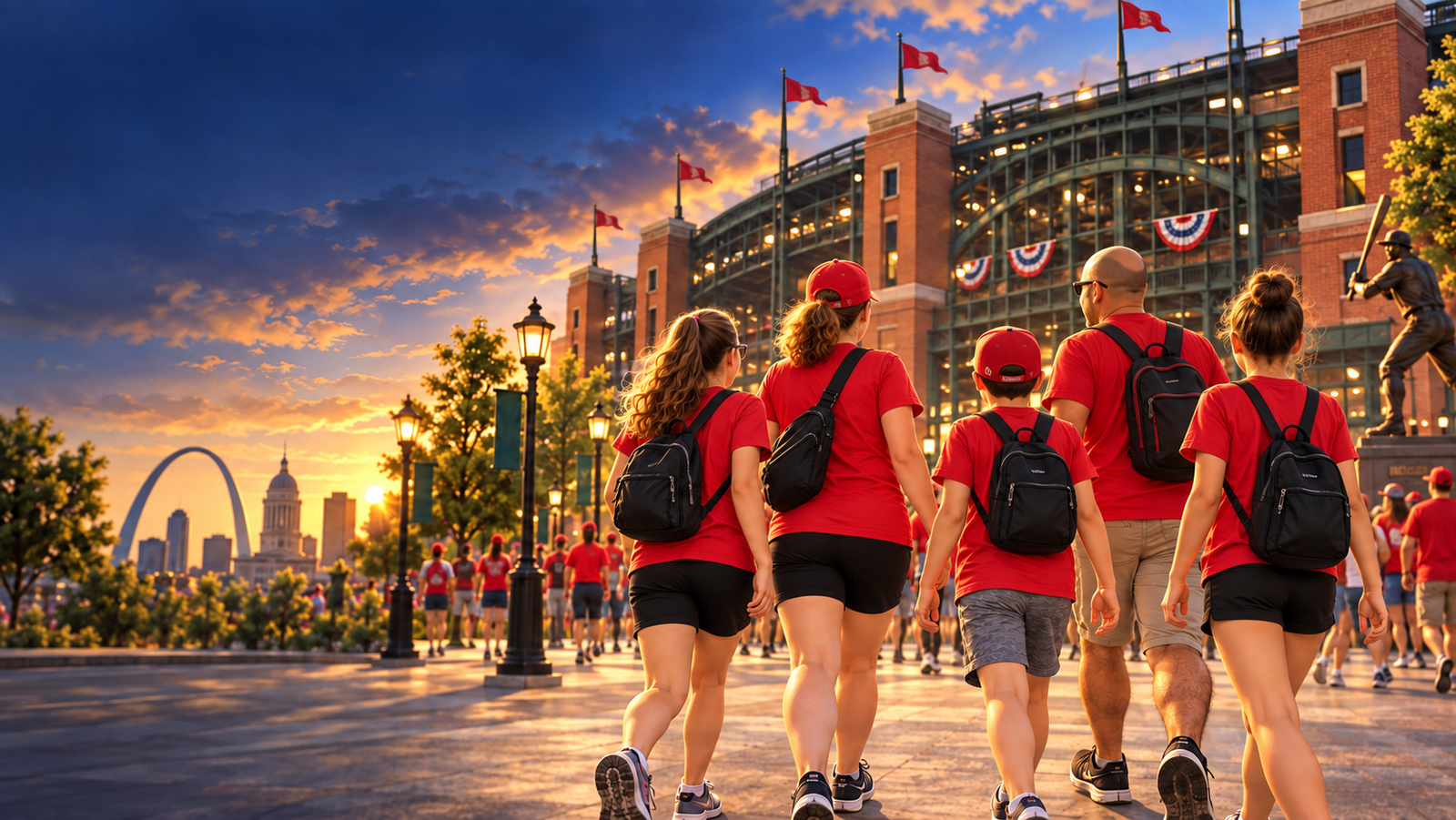 Animated illustration of the Fantroy family walking toward a baseball stadium